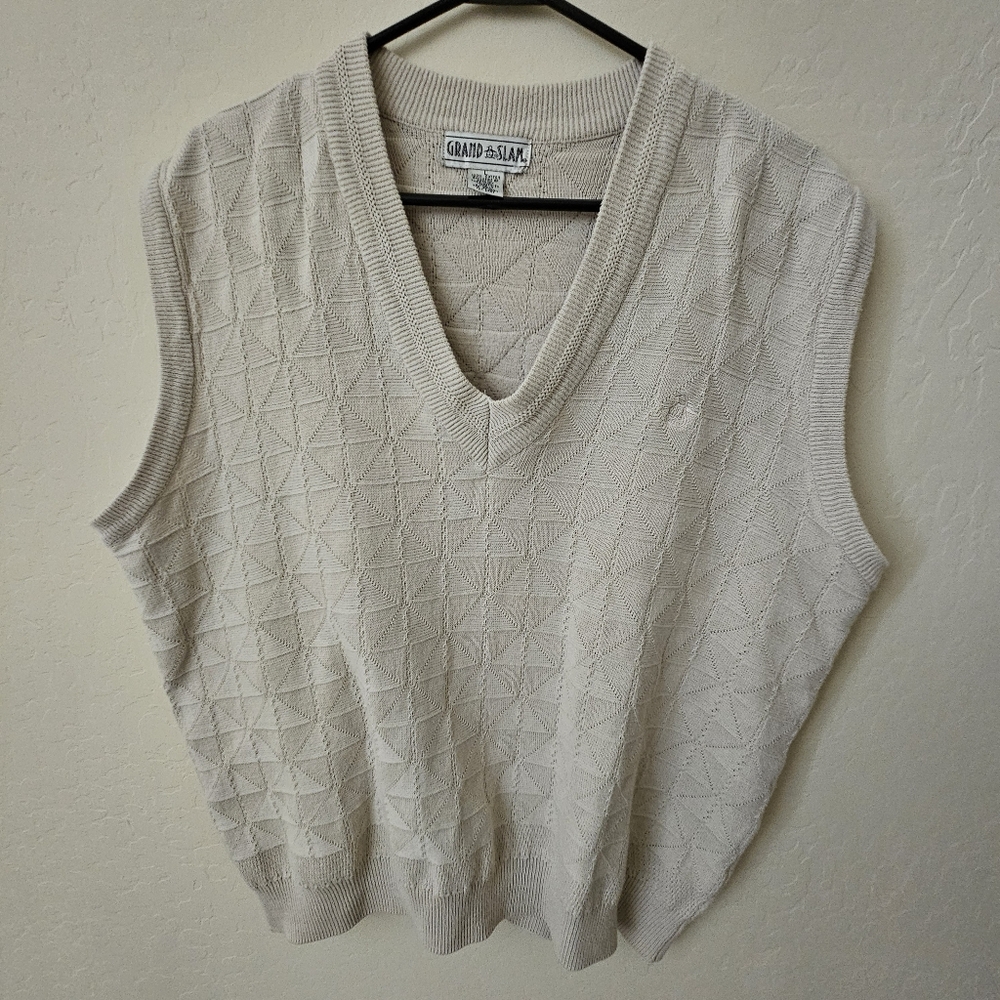 Grand Slam Mens Textured Vest Sweater Penguin Logo Large Tan Beige Pull On